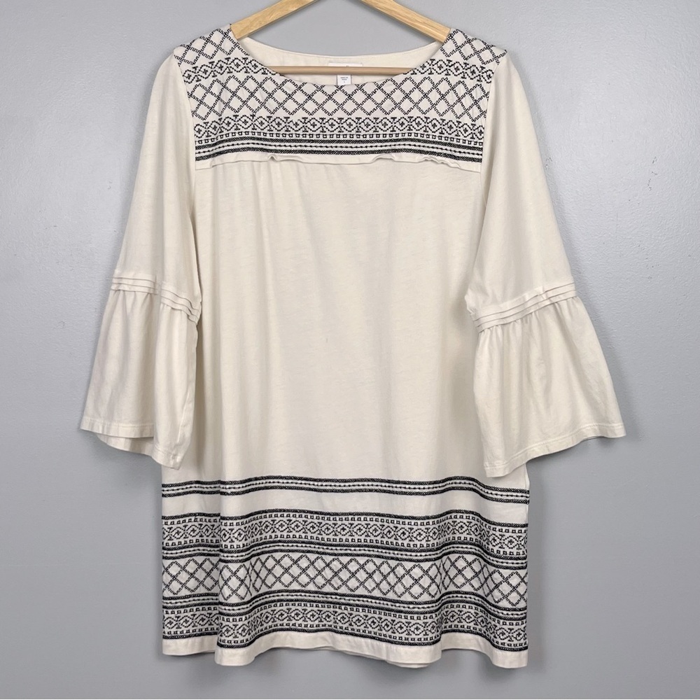 J. Jill Cream Blouse with Black Geometric Embroidery